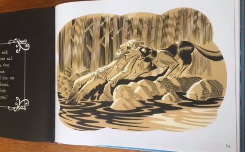 Page from picture book showing detailed illustration of dog rescuing old man from river