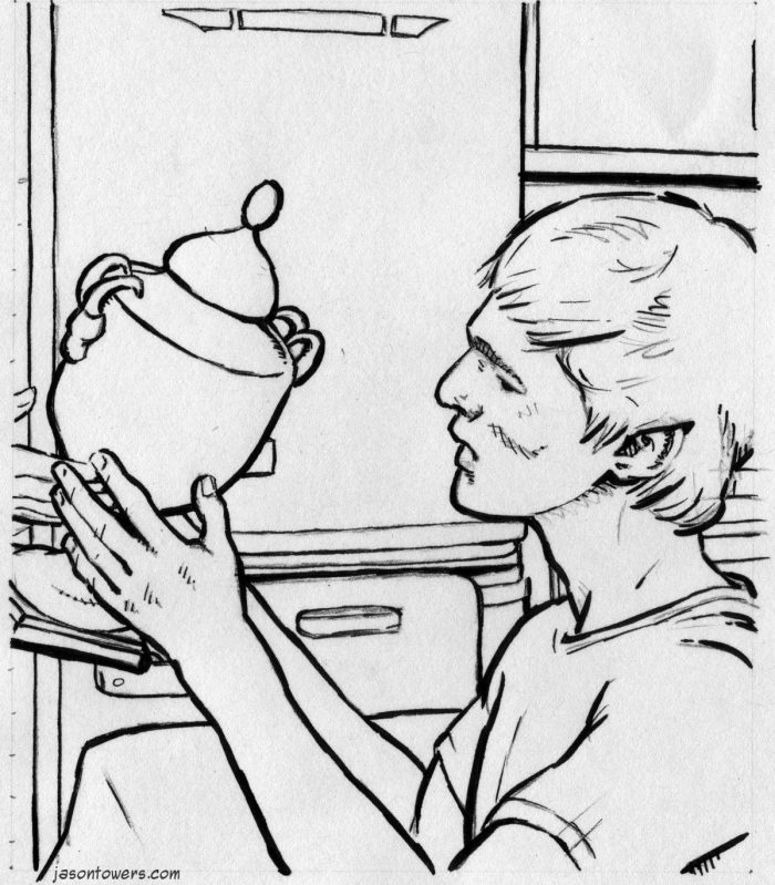 Line drawing of Dr Who companion Ben Jackson, holding an urn, before erasure of pencil lines