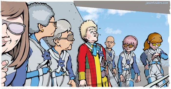Cartoon panel showing sixth Doctor Who exhausted during climb of Sydney Harbour Bridge